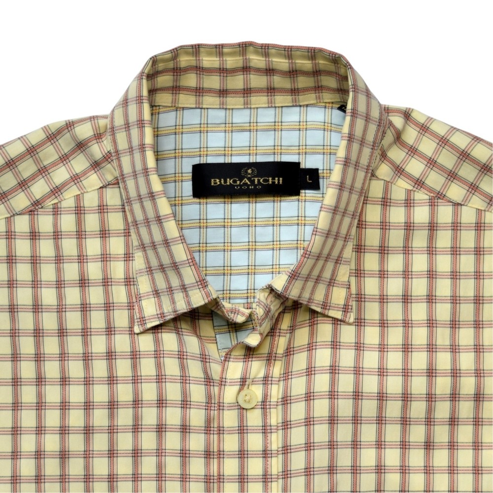 BUGATCHI UOMO Plaid Casual Shirt Mens L Short Sleeve‎ Pastel Yellow Modal Blend